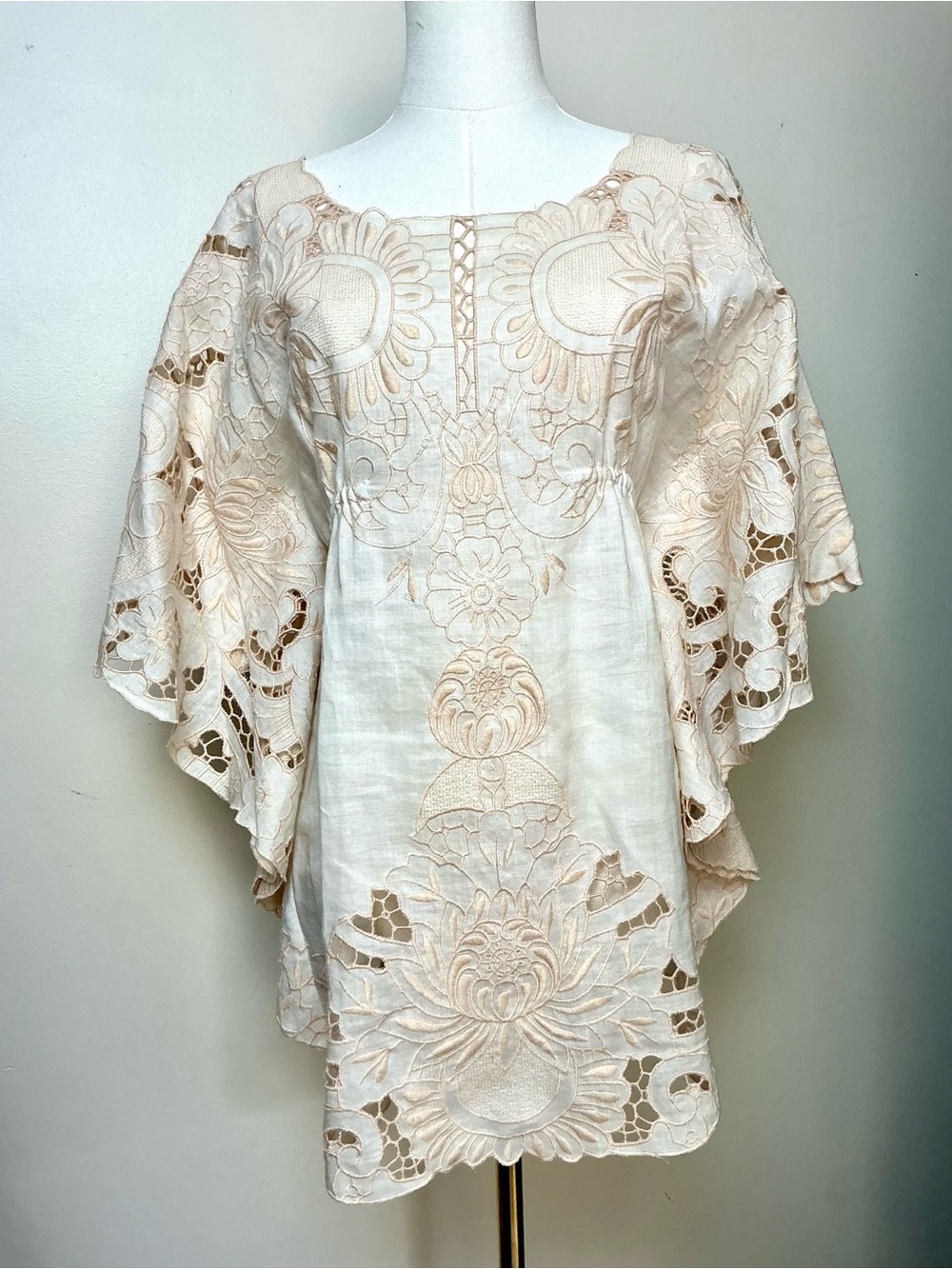 Anthropologie Yoana Baraschi Cream Embroidered Cutout Linen Tunic Bell Sleeves S